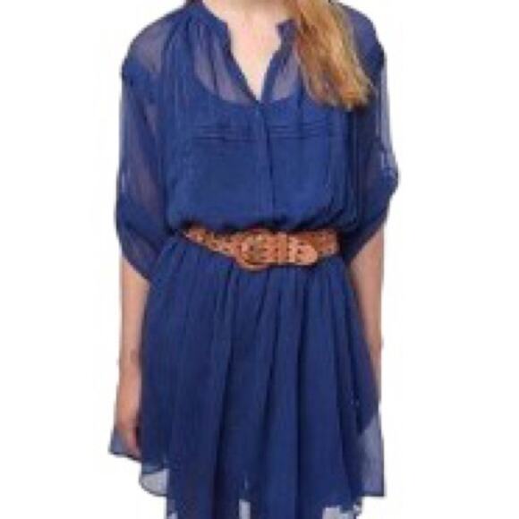 Anthropologie Staring At Stars Colbalt Blue Sheer Chiffon Dress Size Medium - Picture 1 of 14